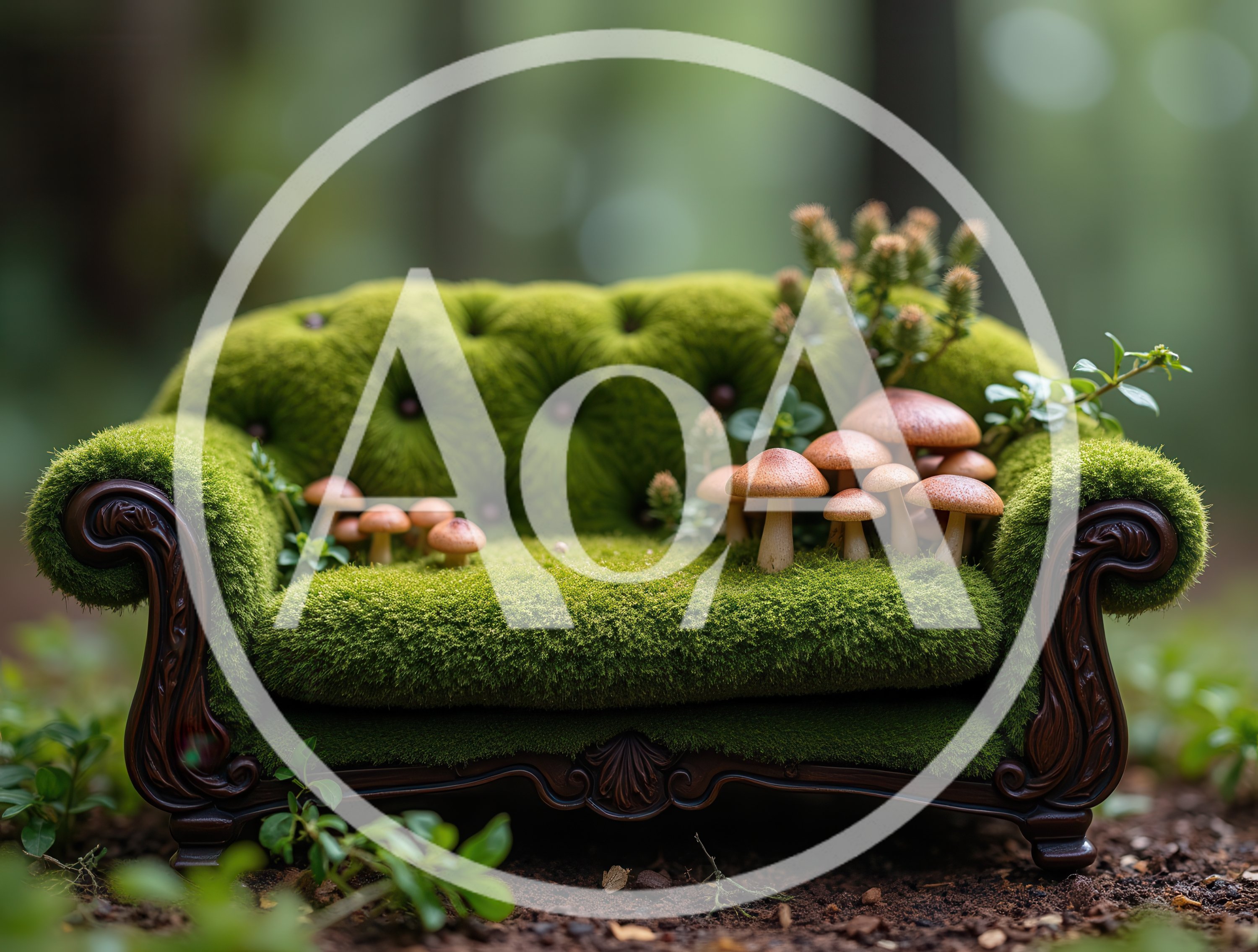 Miniature Moss Covered Sofa With Mushrooms In Forest