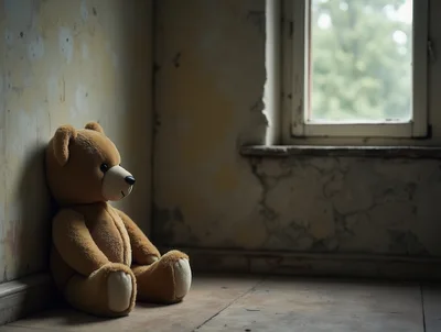 Lonely Teddy Bear Sitting In An Abandoned Room
