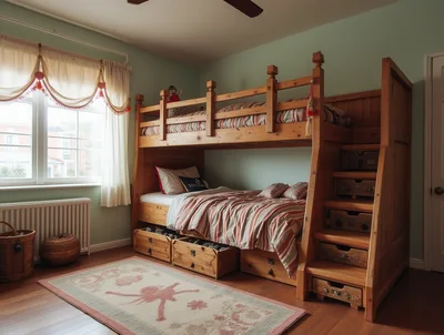 Wooden Bunk Bed With Integrated Storage In Bedroom