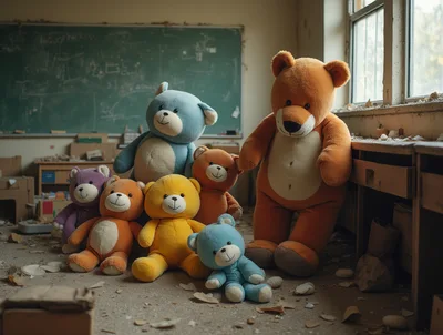 Group Of Teddy Bears In Abandoned Classroom