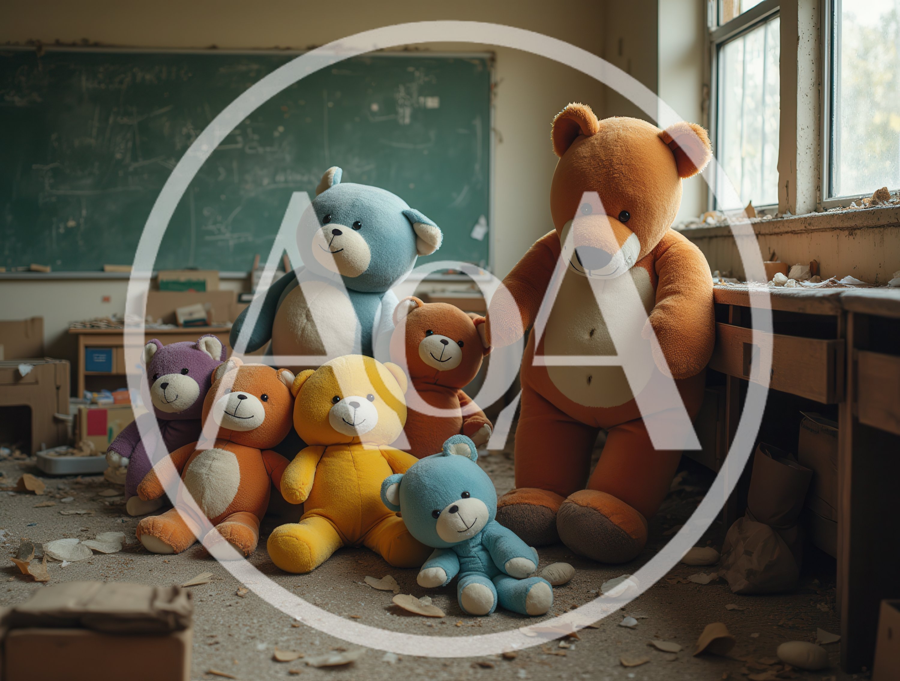Group Of Teddy Bears In Abandoned Classroom