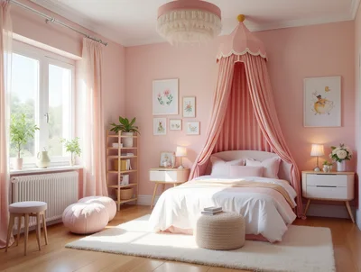 Cozy Pink Bedroom Interior With Canopy Bed