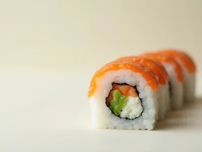 Fresh Salmon Sushi Rolls On A Neutral Background