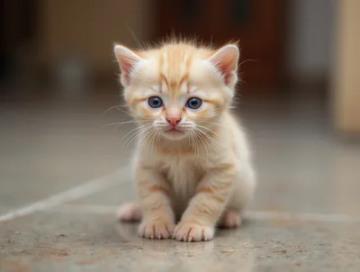 Adorable Ginger Tabby Kitten Sitting On Tiled Floor