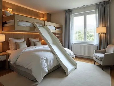 Modern Bedroom With Bunk Bed And Slide