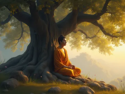Buddhist Monk Meditating Under A Large Bodhi Tree