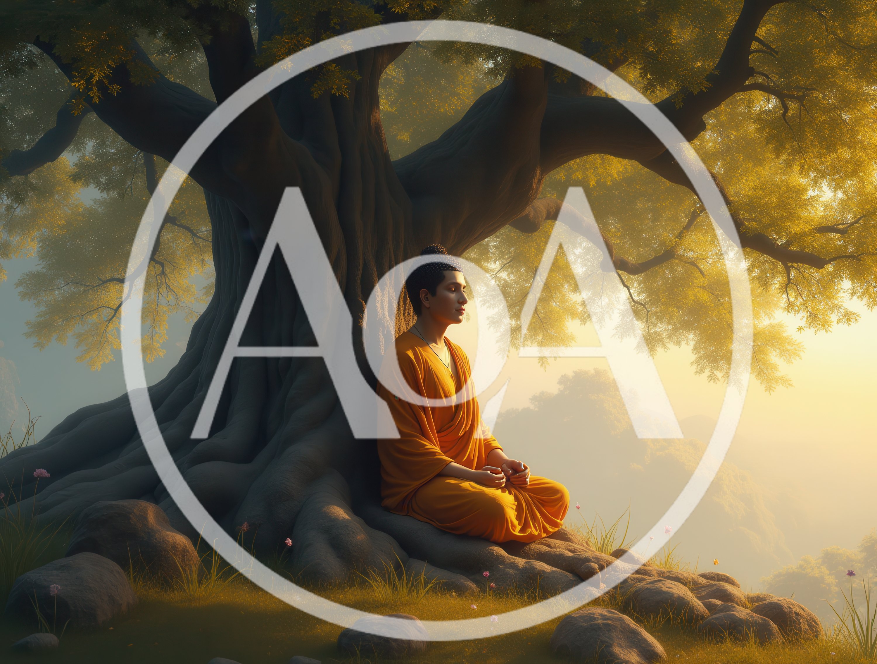 Buddhist Monk Meditating Under A Large Bodhi Tree