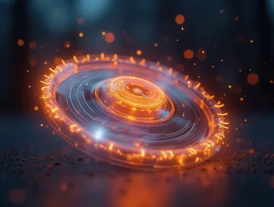 Glowing Futuristic Spinning Disc With Orange Light Particles