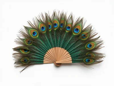 Peacock Feather Hand Fan Isolated On White Background