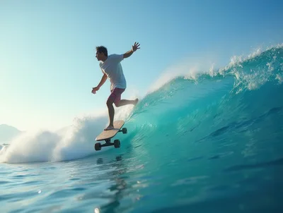 Man Riding Skateboard On Ocean Wave