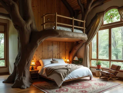 Cozy Bedroom Featuring A Large Indoor Tree Structure