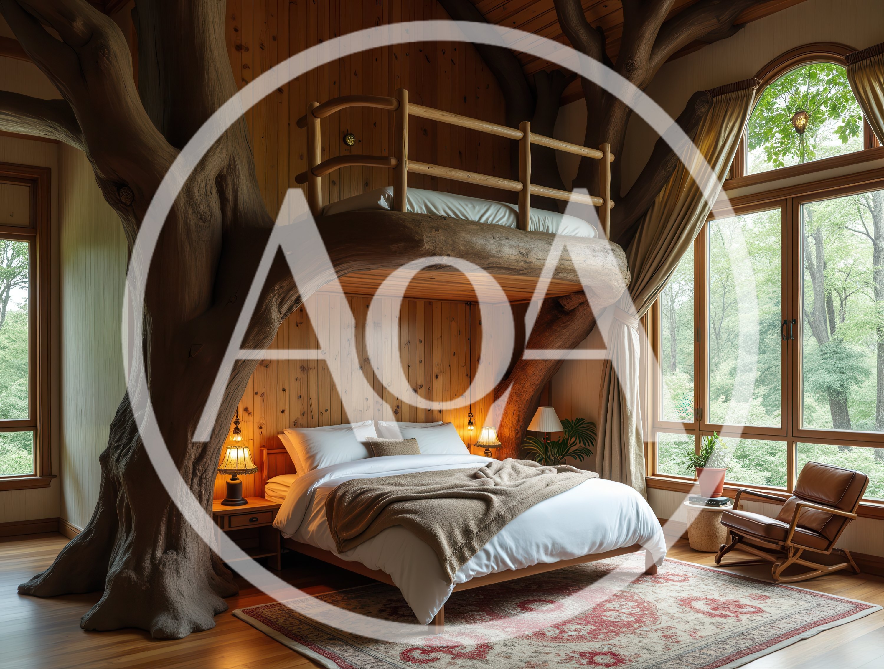 Cozy Bedroom Featuring A Large Indoor Tree Structure