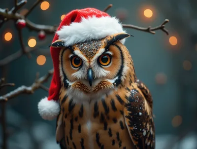 Great Horned Owl Wearing A Festive Santa Hat