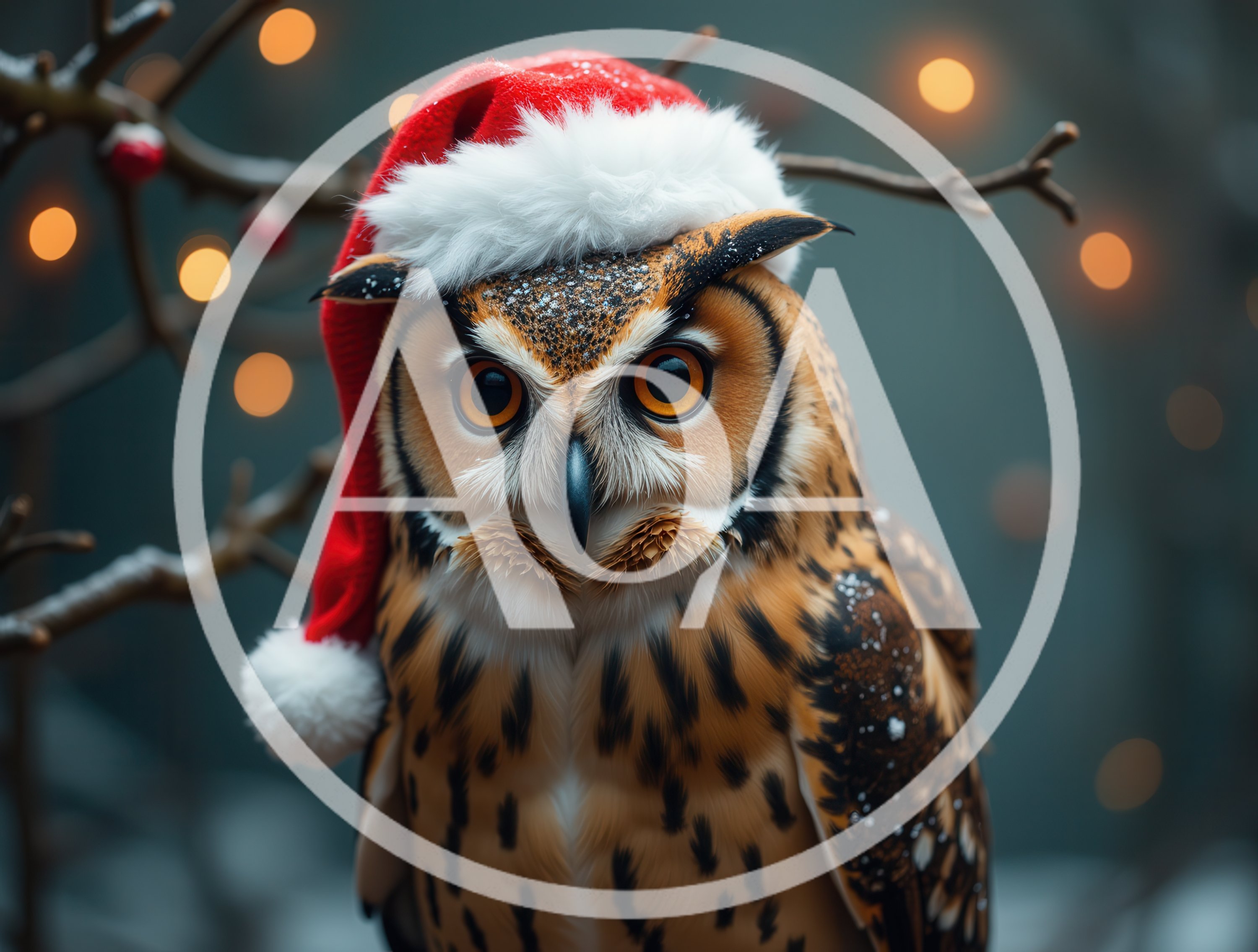 Great Horned Owl Wearing A Festive Santa Hat