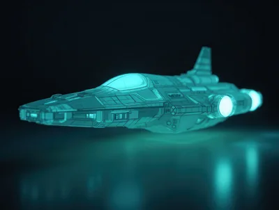 Holographic Sci-Fi Spaceship Model Floating In Dark Space