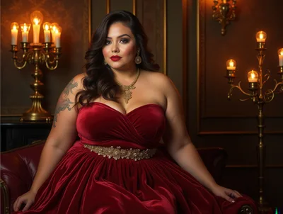 Elegant Plus Size Woman In Red Velvet Evening Gown