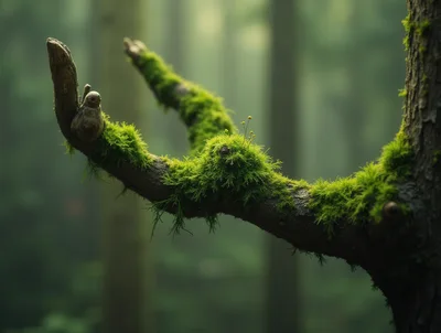Moss Covered Tree Branch In A Misty Forest