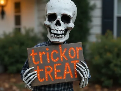 Person Wearing Skeleton Mask Holding Trick Or Treat Sign