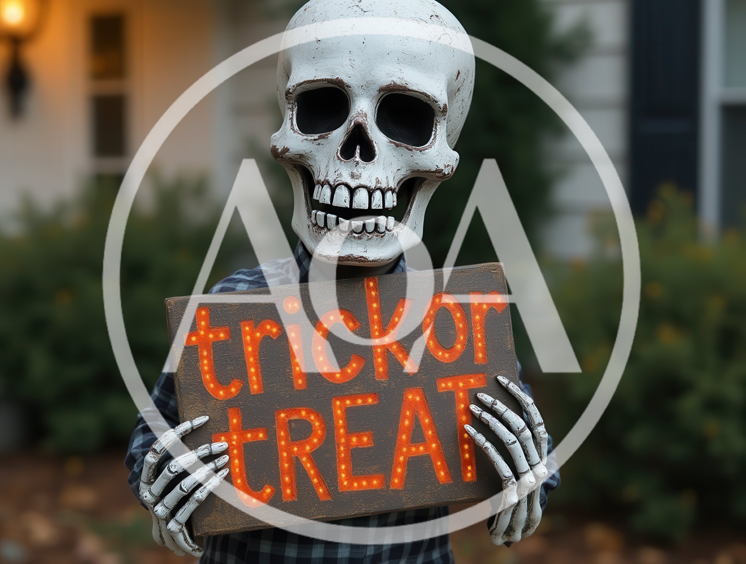 Person Wearing Skeleton Mask Holding Trick Or Treat Sign