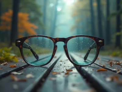 Eyeglasses Resting On A Wet Wooden Bench In A Forest