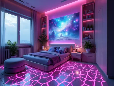 Modern Bedroom Interior With Neon Galaxy Lighting
