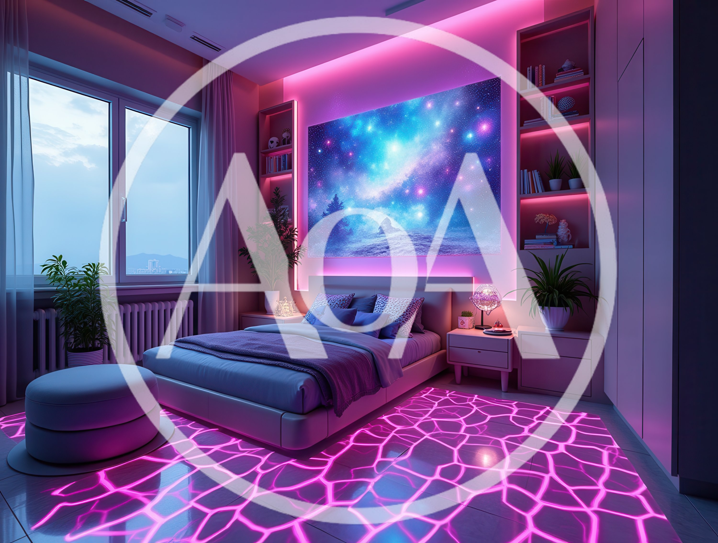 Modern Bedroom Interior With Neon Galaxy Lighting