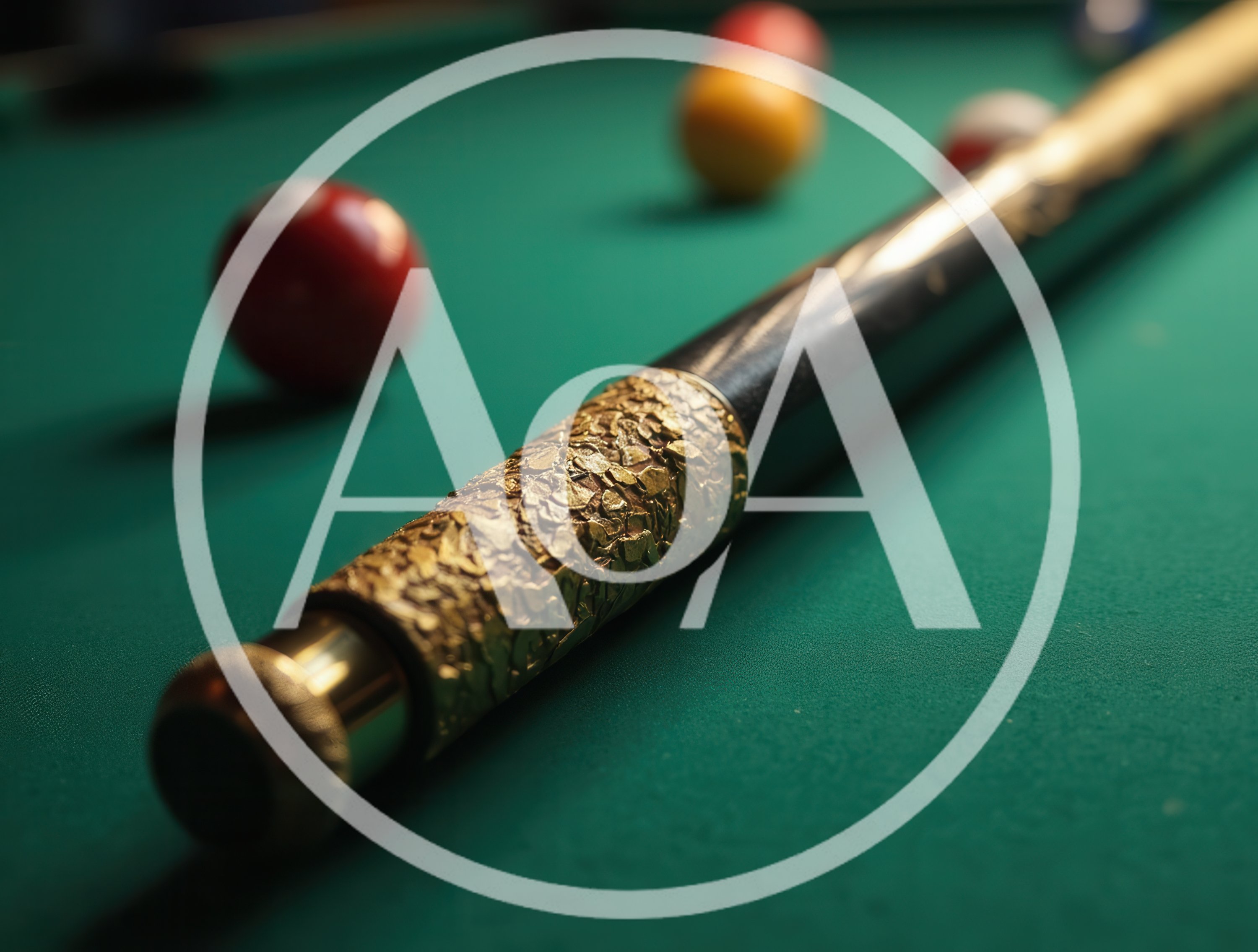 Ornate Gold Pool Cue Resting On Green Billiards Table