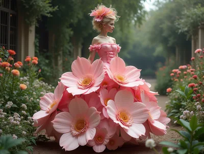 Woman Wearing A Surreal Flower Petal Ball Gown