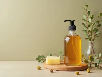 Natural Liquid Soap and Bar Soap on Wooden Tray