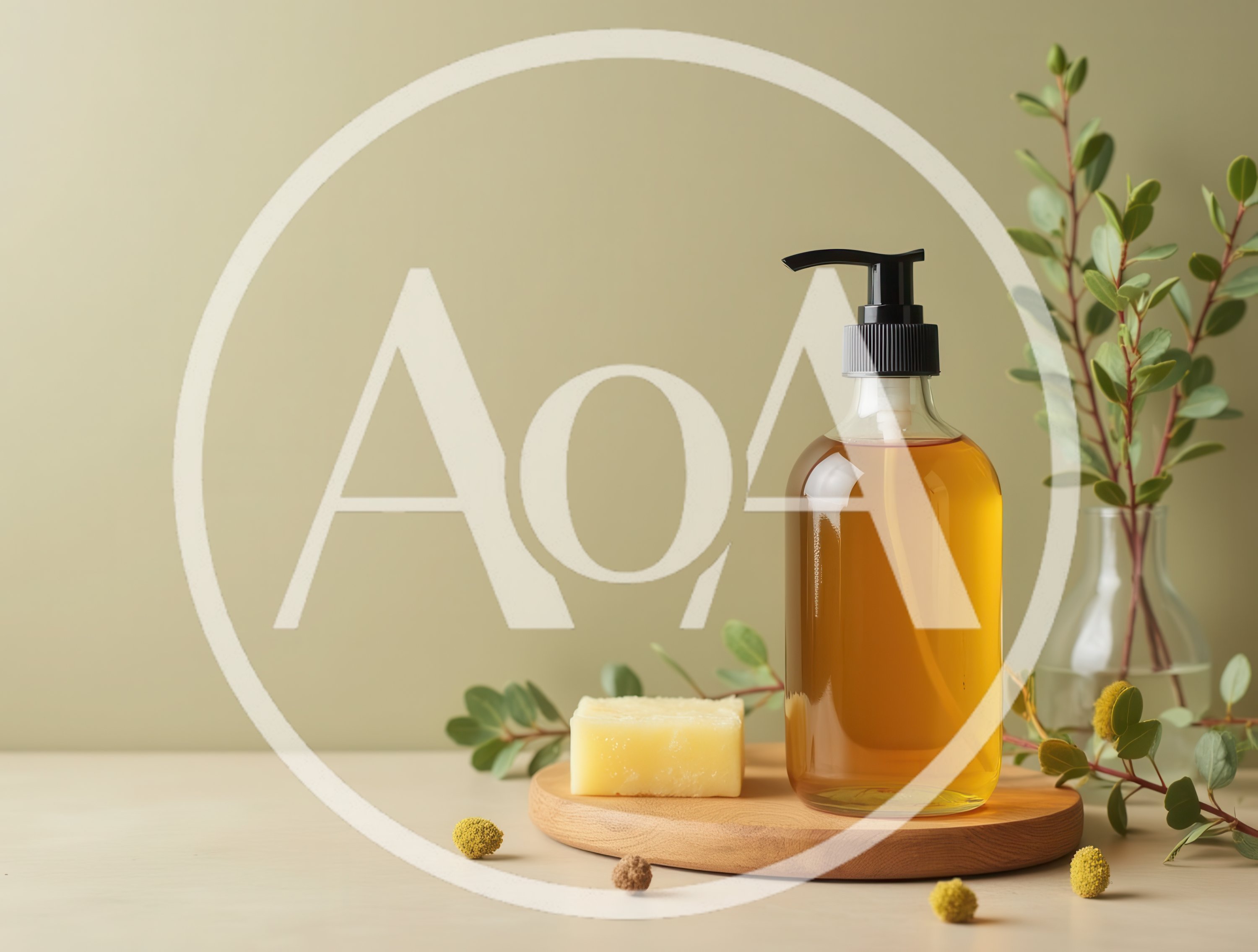 Natural Liquid Soap and Bar Soap on Wooden Tray