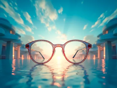 Glittering Eyeglasses Resting On A Calm Pool Surface