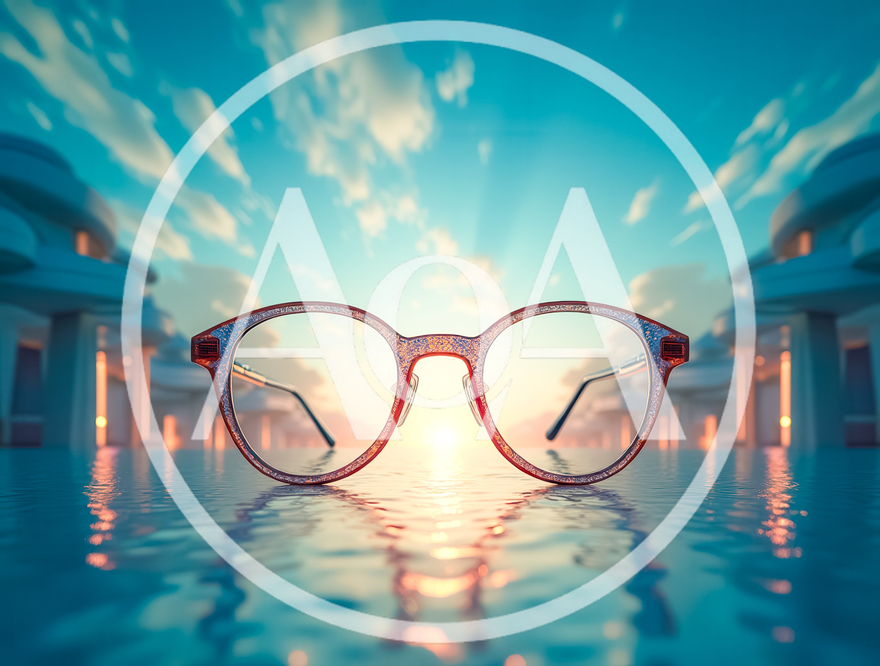 Glittering Eyeglasses Resting On A Calm Pool Surface