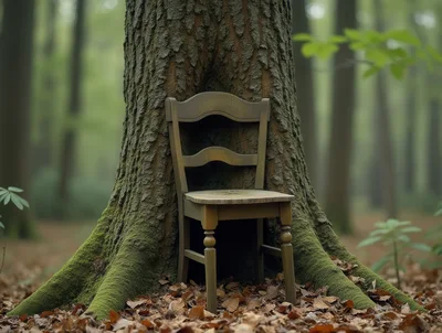 Wooden Chair Placed Against A Large Forest Tree