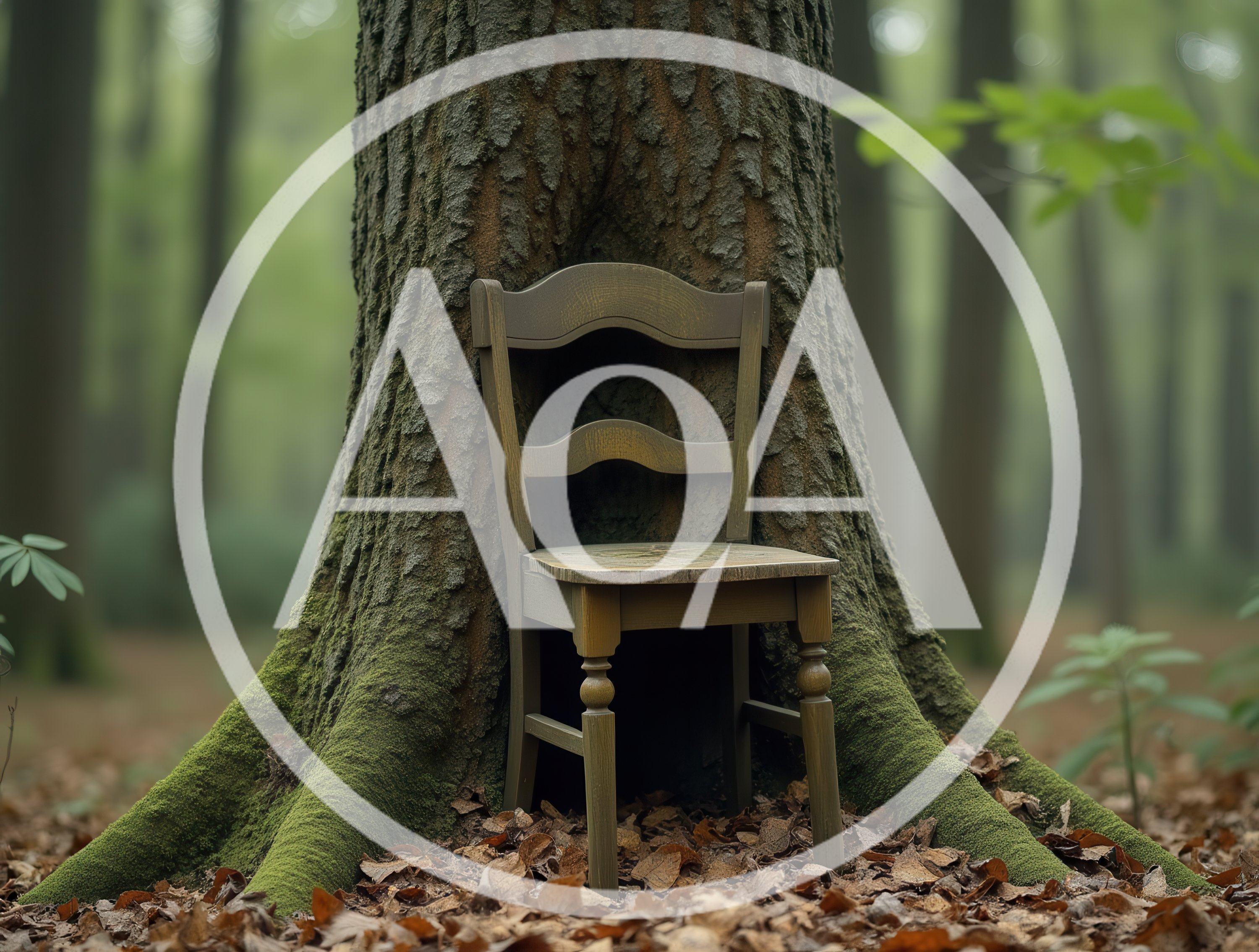 Wooden Chair Placed Against A Large Forest Tree