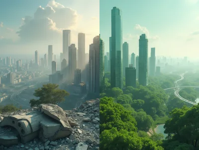 Split Screen Comparison of Urban Decay and Green City