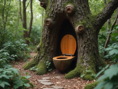 Wooden Toilet Built Into A Large Mossy Forest Tree