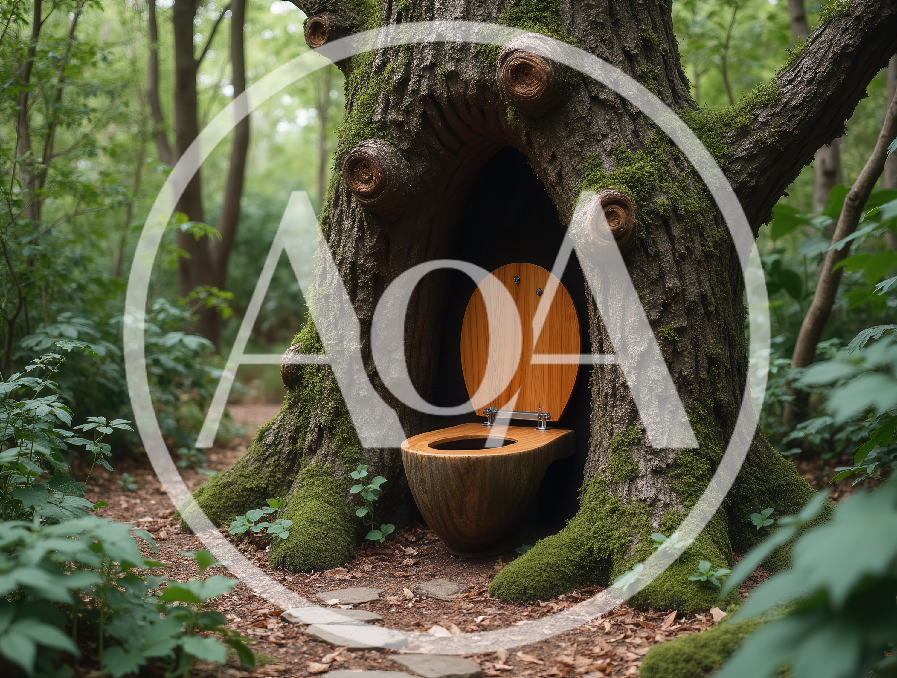 Wooden Toilet Built Into A Large Mossy Forest Tree
