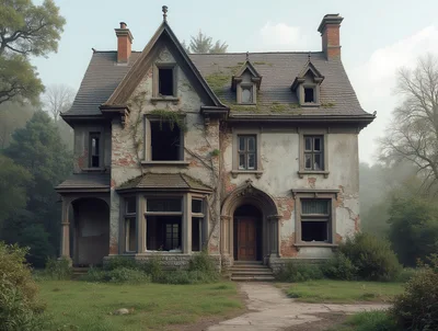 Abandoned Victorian Mansion In A Misty Forest Setting