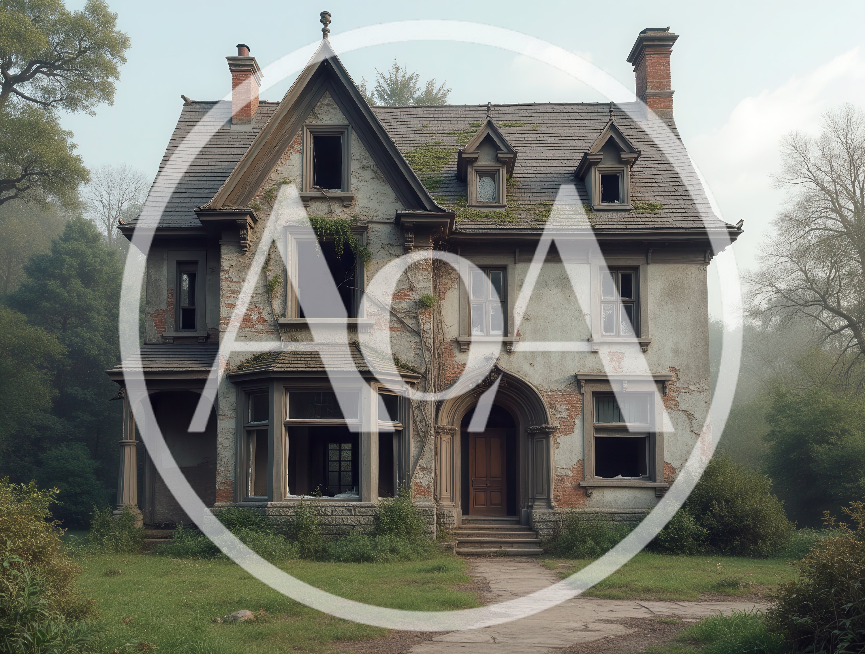 Abandoned Victorian Mansion In A Misty Forest Setting