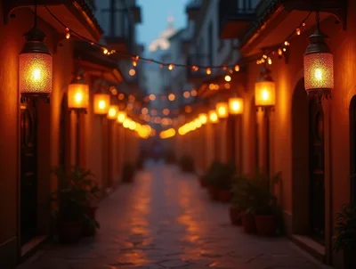 Narrow Alleyway Illuminated By Traditional Hanging Lanterns