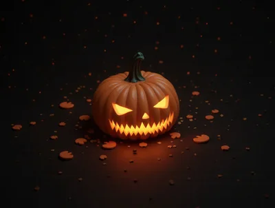 Glowing Jack O Lantern Pumpkin With Scattered Confetti