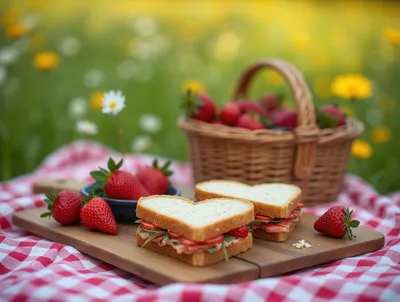 Heart Shaped Sandwiches With Strawberries On Picnic Blanket