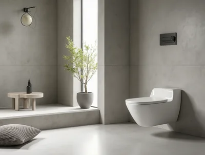 Modern Minimalist Bathroom Interior With Floating Toilet