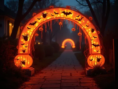Illuminated Halloween Archway Decorating A Garden Path