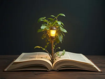 Glowing Lamp Post Growing From An Open Book
