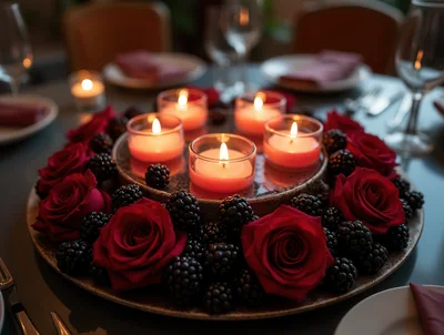 Romantic Table Centerpiece With Red Roses And Blackberries