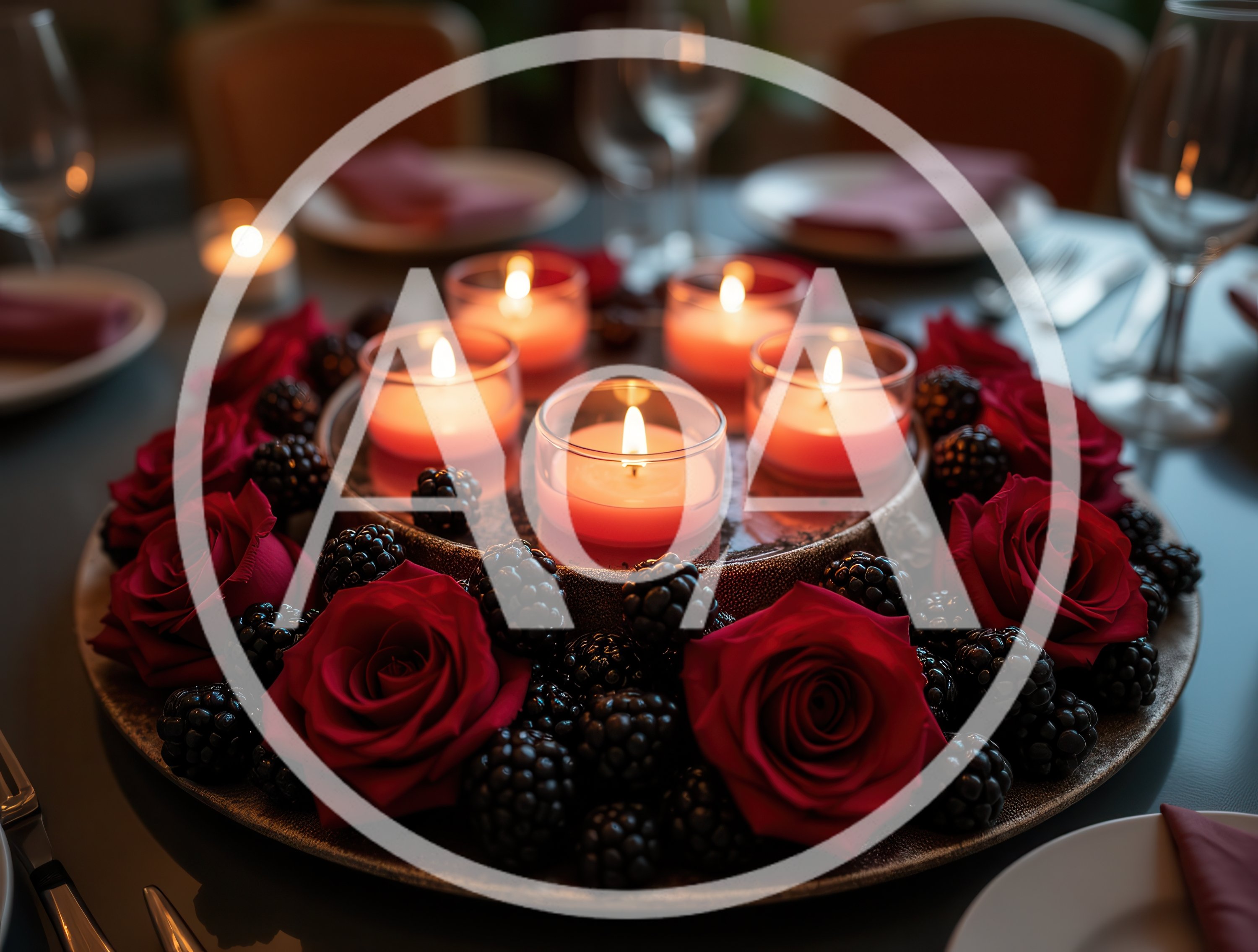 Romantic Table Centerpiece With Red Roses And Blackberries
