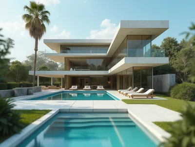 Modern Luxury Villa With Infinity Pool And Palm Tree