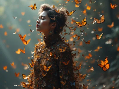 Serene Woman Surrounded By Swarm Of Monarch Butterflies