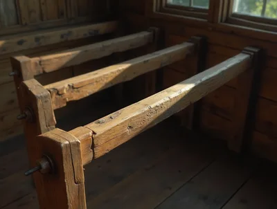 Rustic Wooden Beam Structure In A Log Cabin